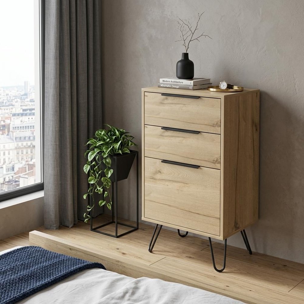 18" Brown And Black Wood And Metal Three Drawer Dresser