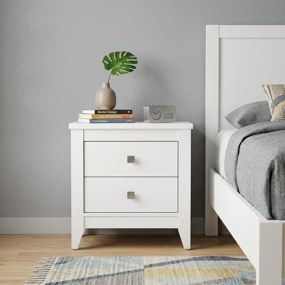 24" White Wood Two Drawer Nightstand
