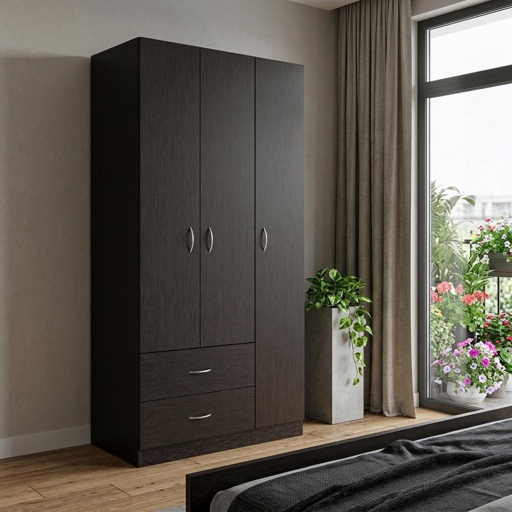 71" Black Wood Two Drawer Combo Dresser
