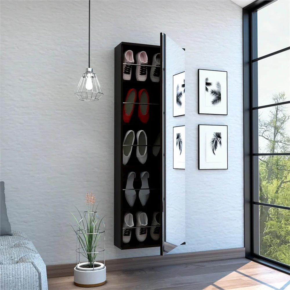 Stylish Black Wengue  Wall Mounted Shoe Rack with Mirror