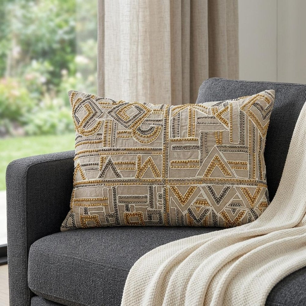 14" X 20" Beige Cotton Throw Pillow