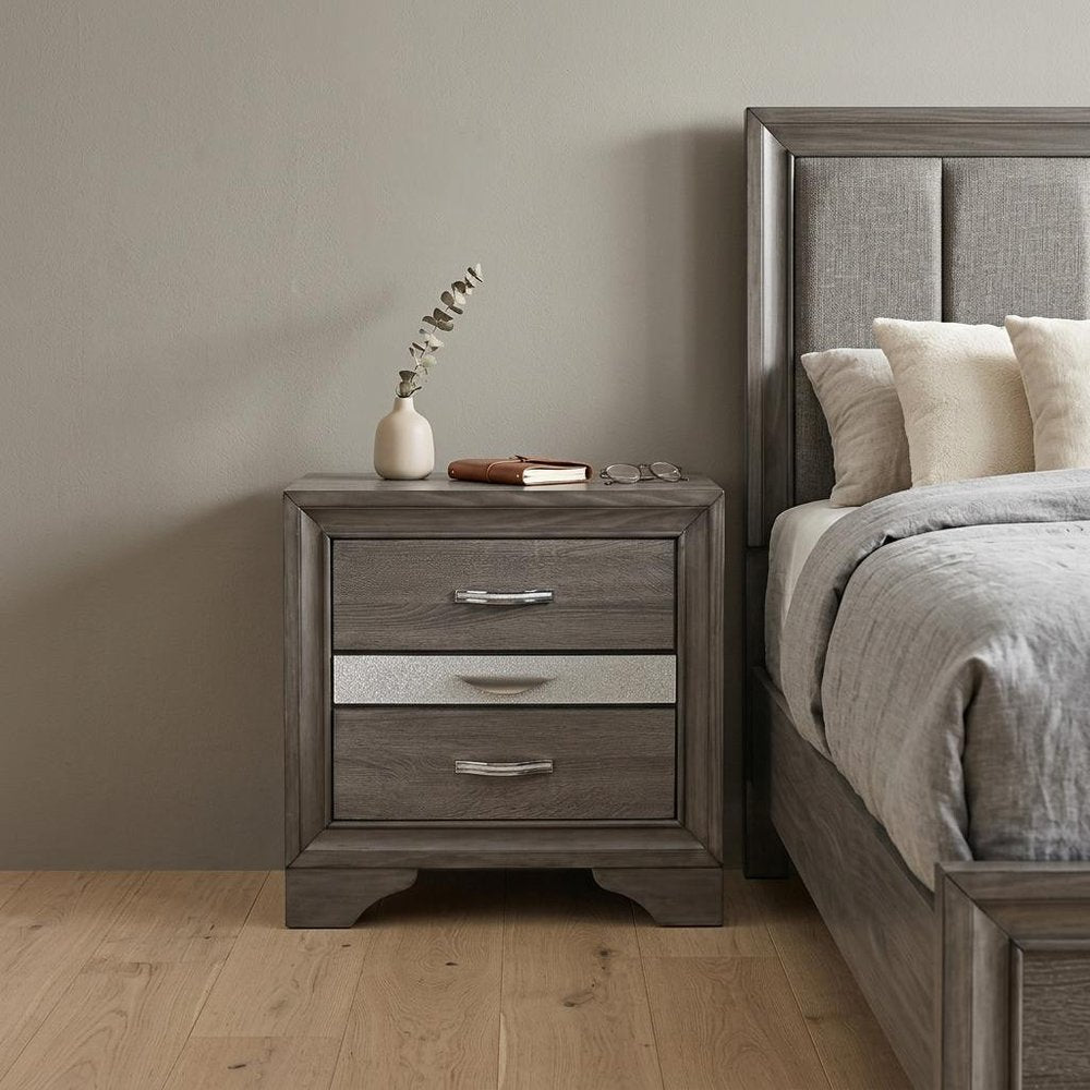 27" Gray Wood and Solid Wood Two Drawer Nightstand