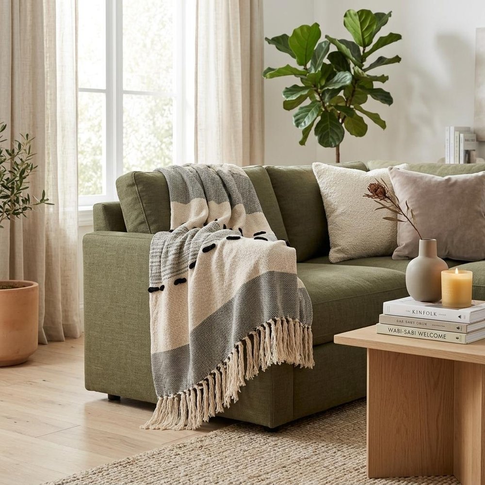 Gray Woven Cotton Abstract Throw Blanket