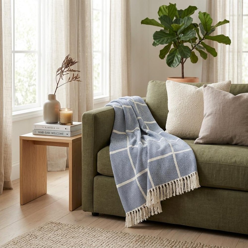 Blue Woven Cotton Striped Throw Blanket