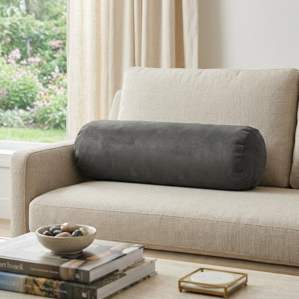 8" X 20" Gray Bolster Microsuede Throw Pillow
