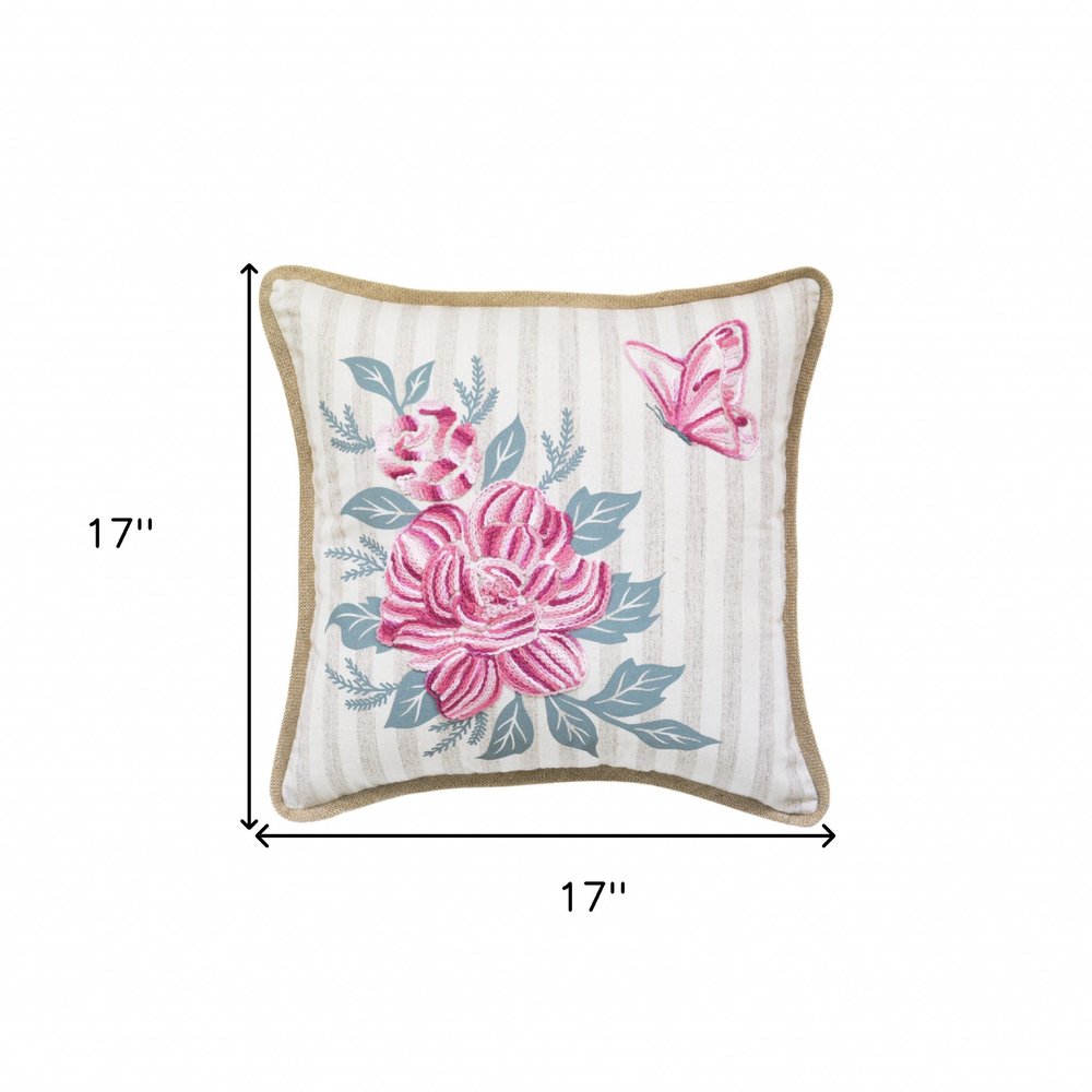 17" Blue and Pink Floral Throw Pillow with Embroidery
