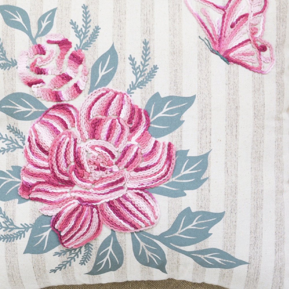 17" Blue and Pink Floral Throw Pillow with Embroidery