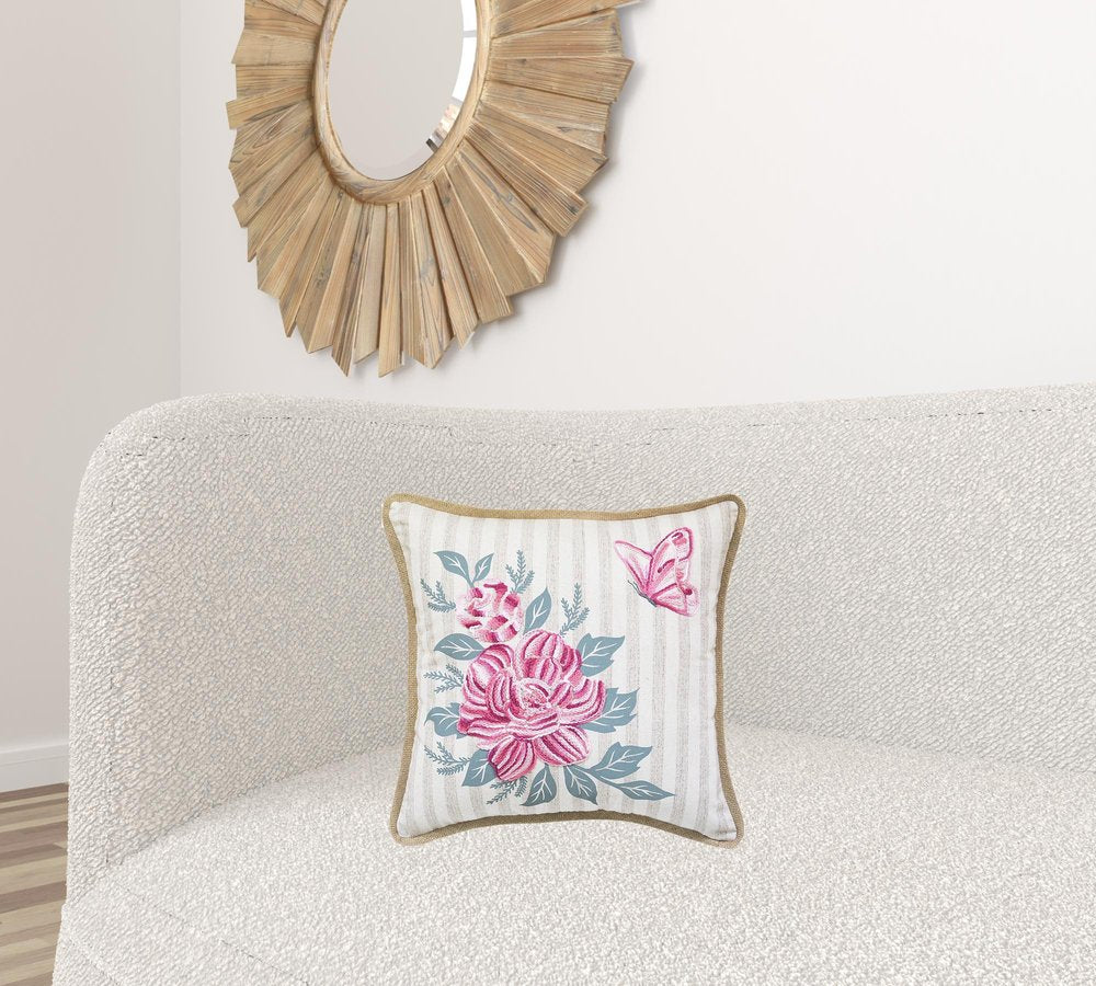 17" Blue and Pink Floral Throw Pillow with Embroidery