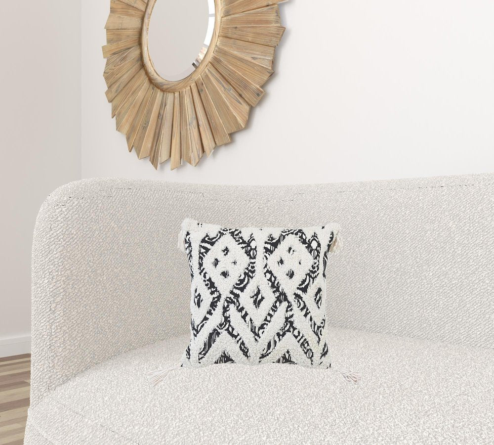 18" Black And White Ikat Cotton Blend Throw Pillow with Tassels