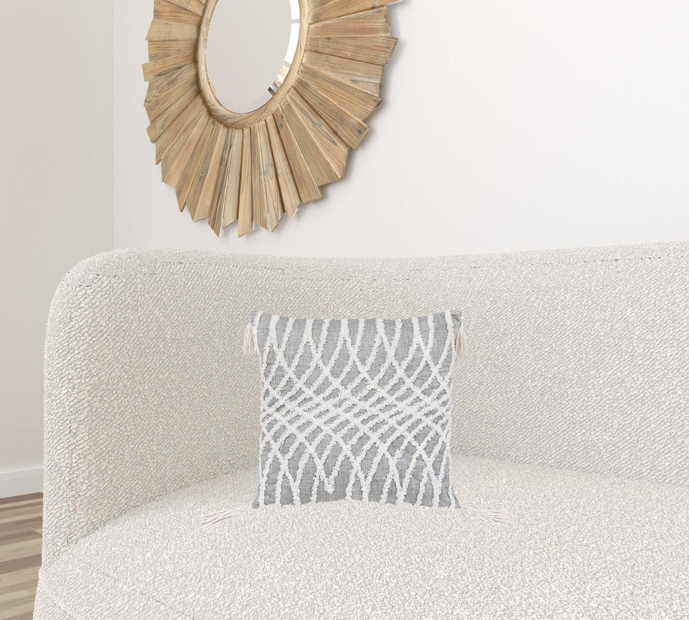 17" Gray and White Throw Pillow with Tassels