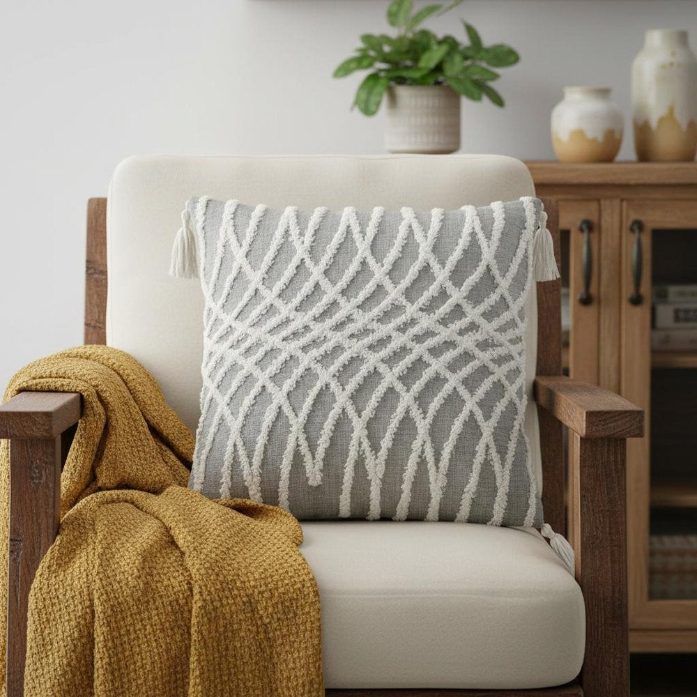 17" Gray and White Throw Pillow with Tassels