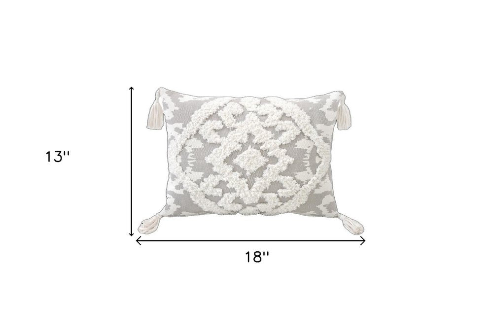 13" X 18" Gray and White Throw Pillow with Tassels