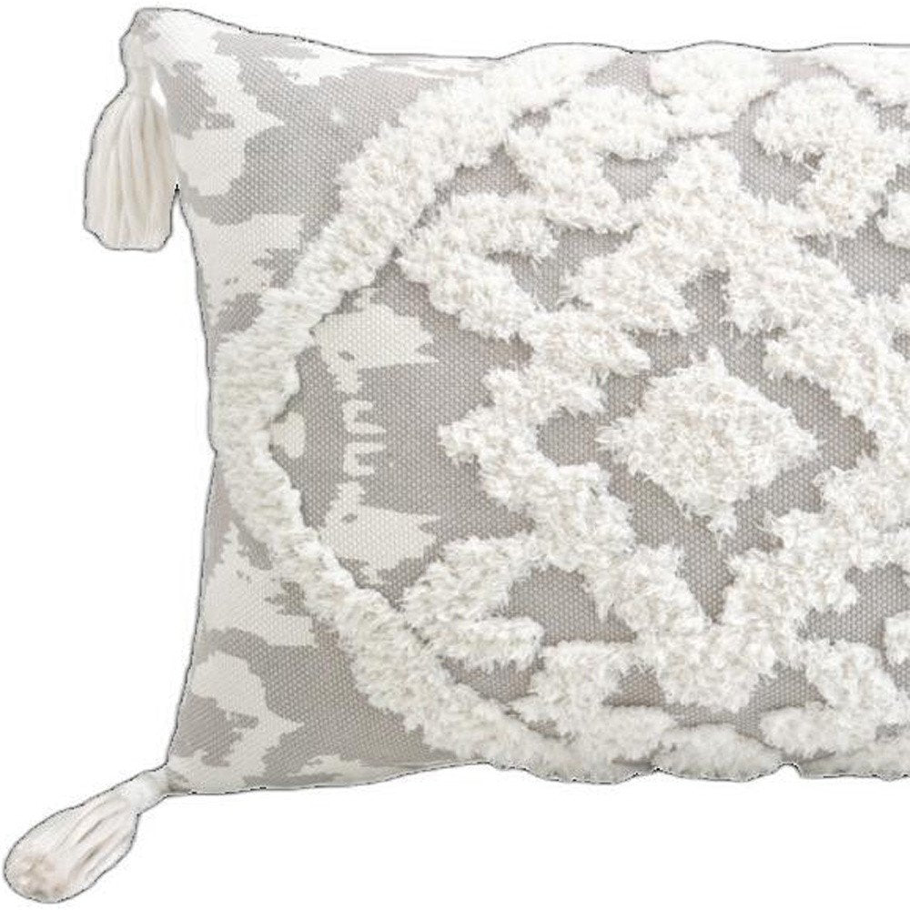 13" X 18" Gray and White Throw Pillow with Tassels