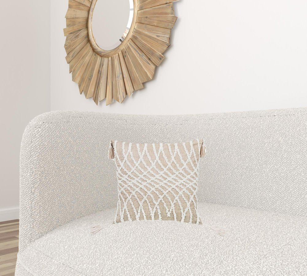 17" Taupe and White Throw Pillow with Tassels