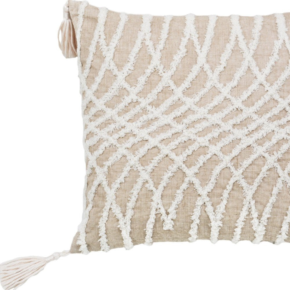 17" Taupe and White Throw Pillow with Tassels