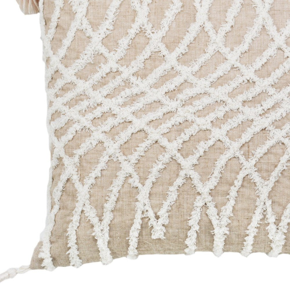 17" Taupe and White Throw Pillow with Tassels