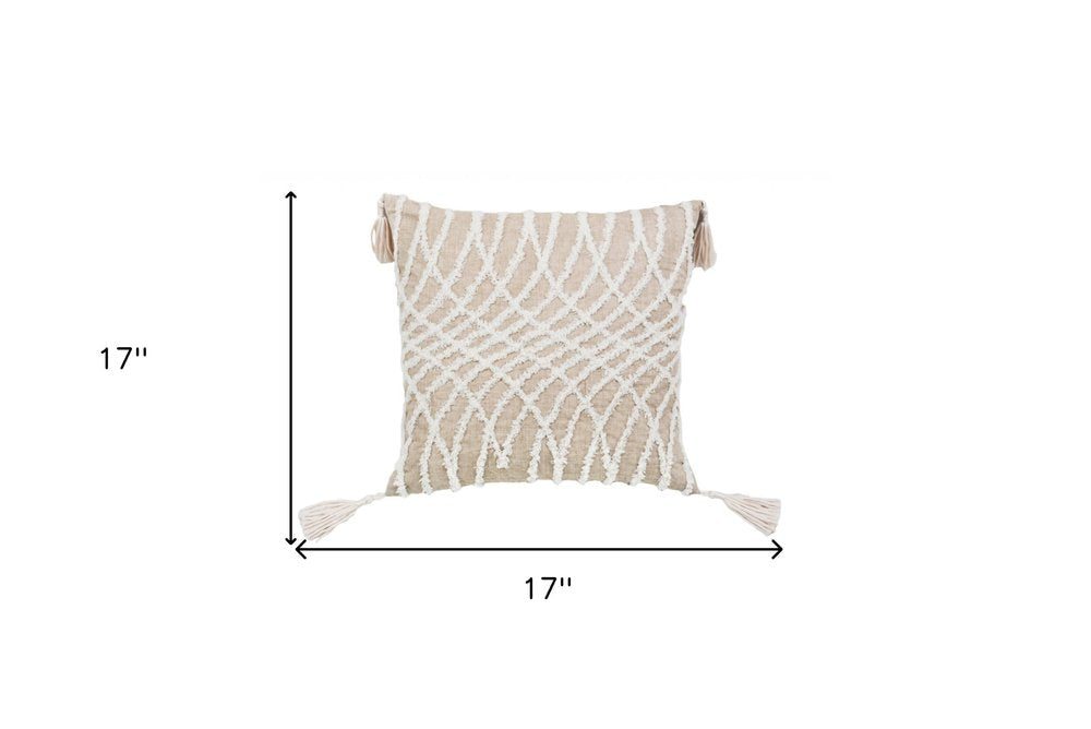 17" Taupe and White Throw Pillow with Tassels