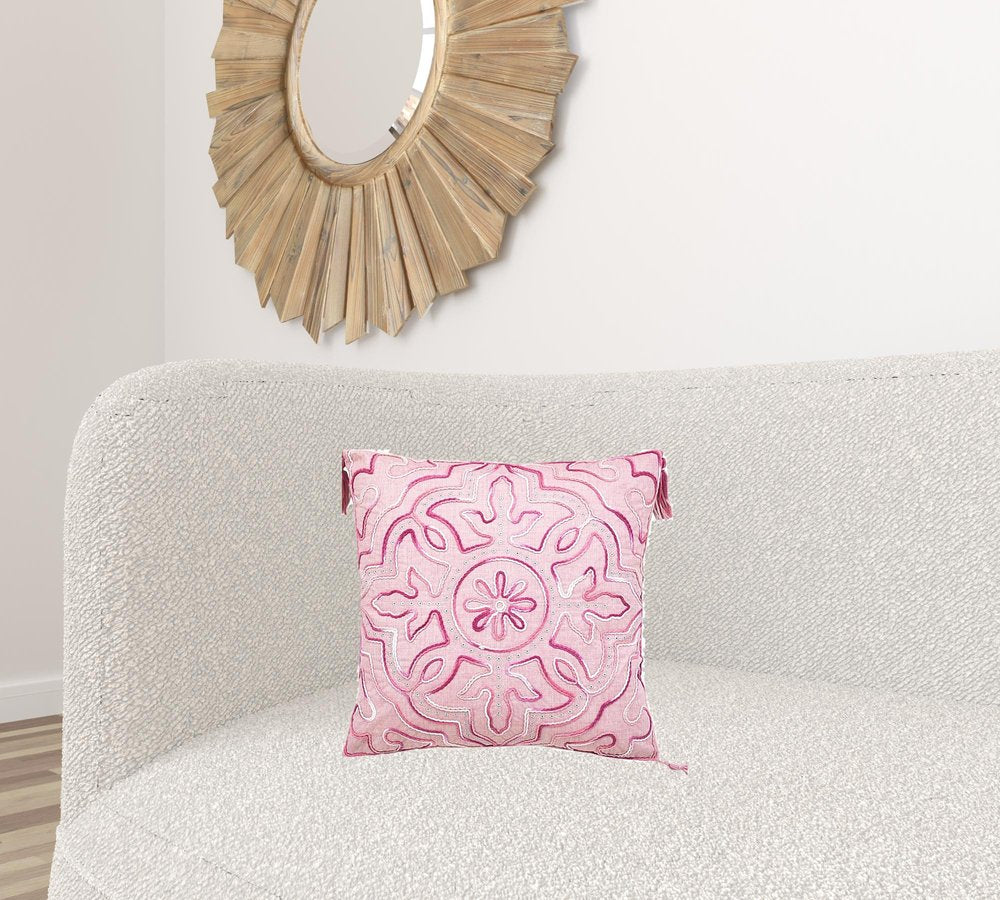 17" Pink And White Damask Throw Pillow with Tassels