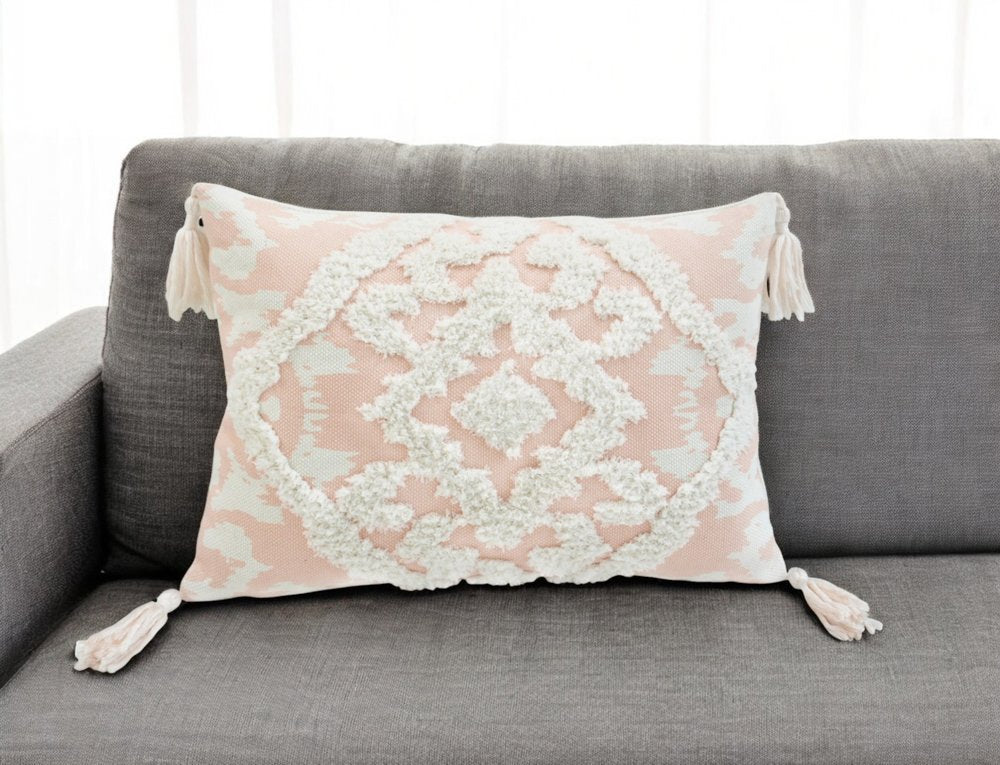 13" X 18" Peach and White Polyester and Cotton Blend Throw Pillow With Tassels