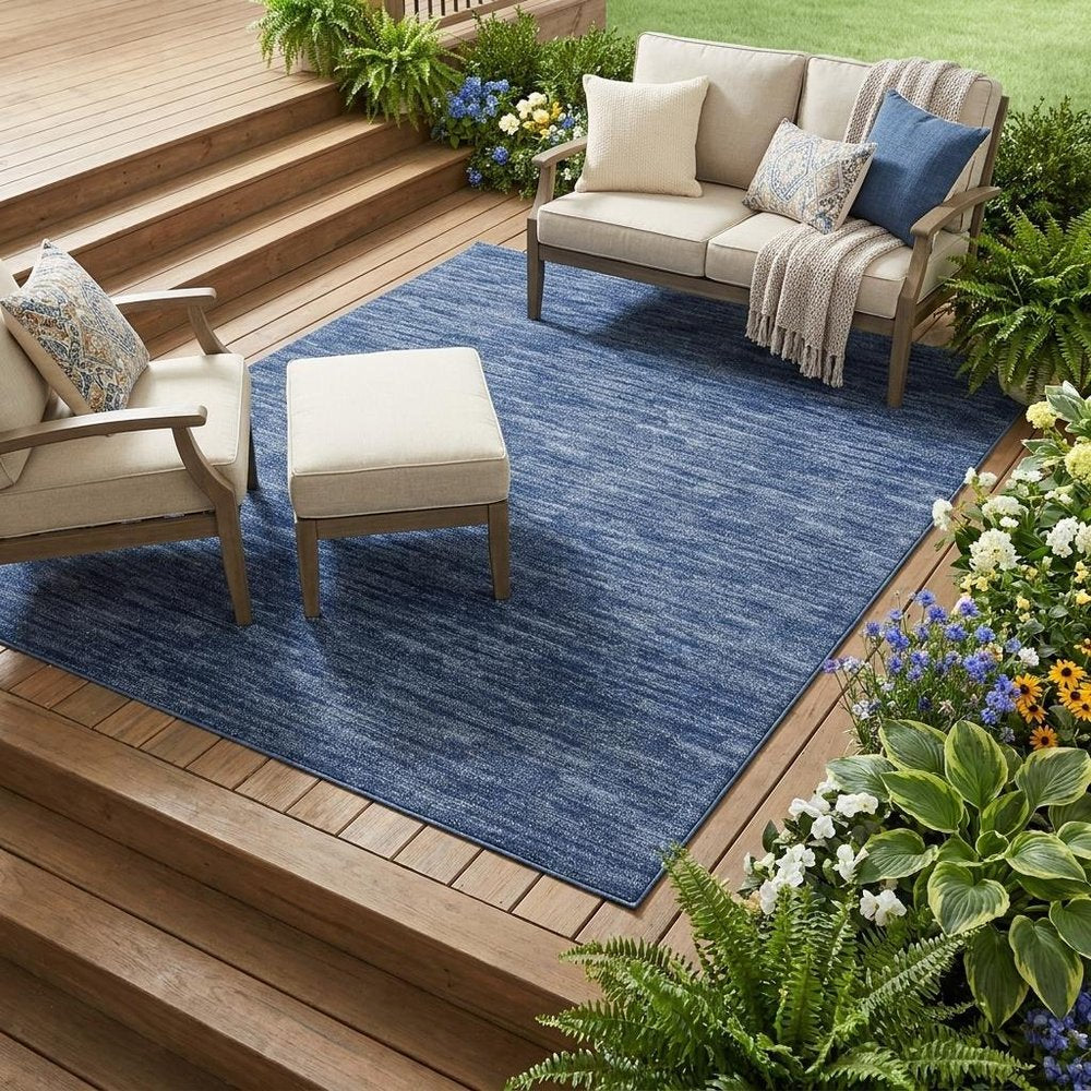 7' Square Blue Stain Resistant Indoor Outdoor Area Rug