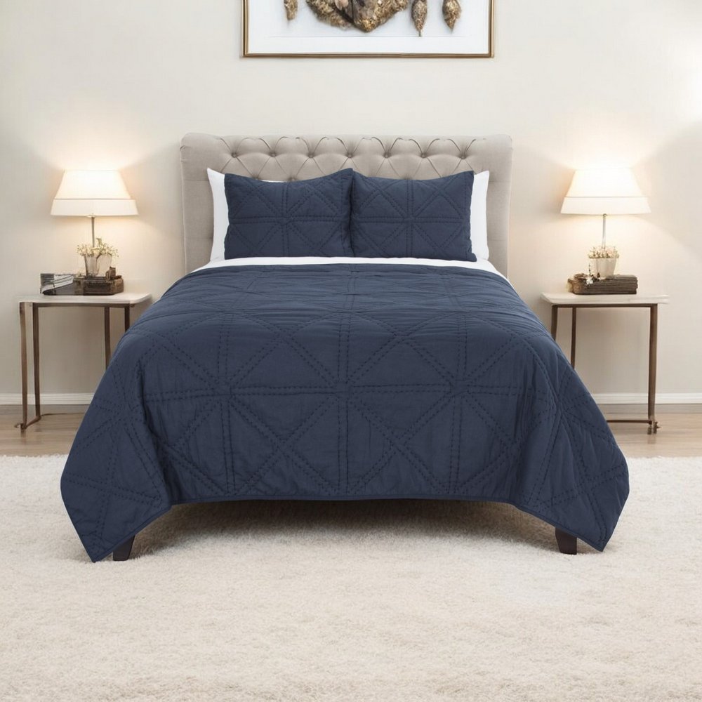 Set of Three Indigo Geometric King Quilt