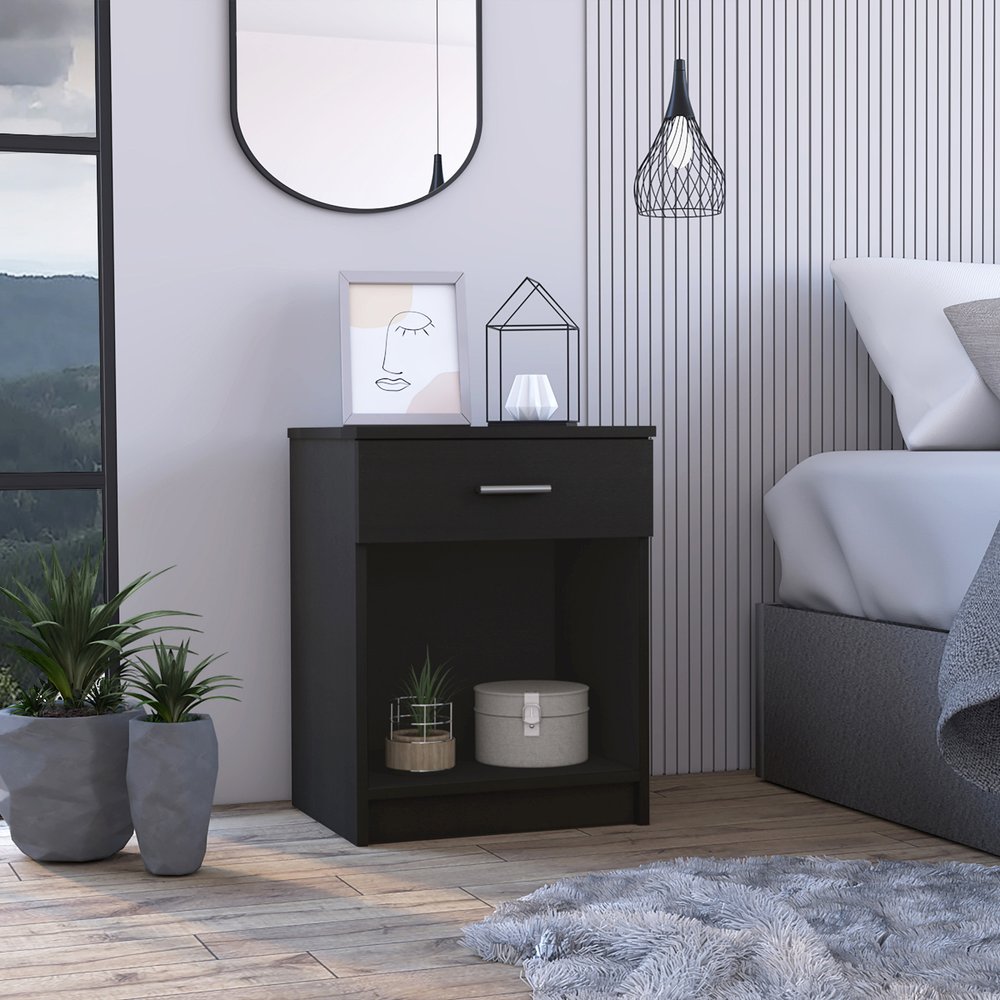 22" Black Wood One Drawer Nightstand