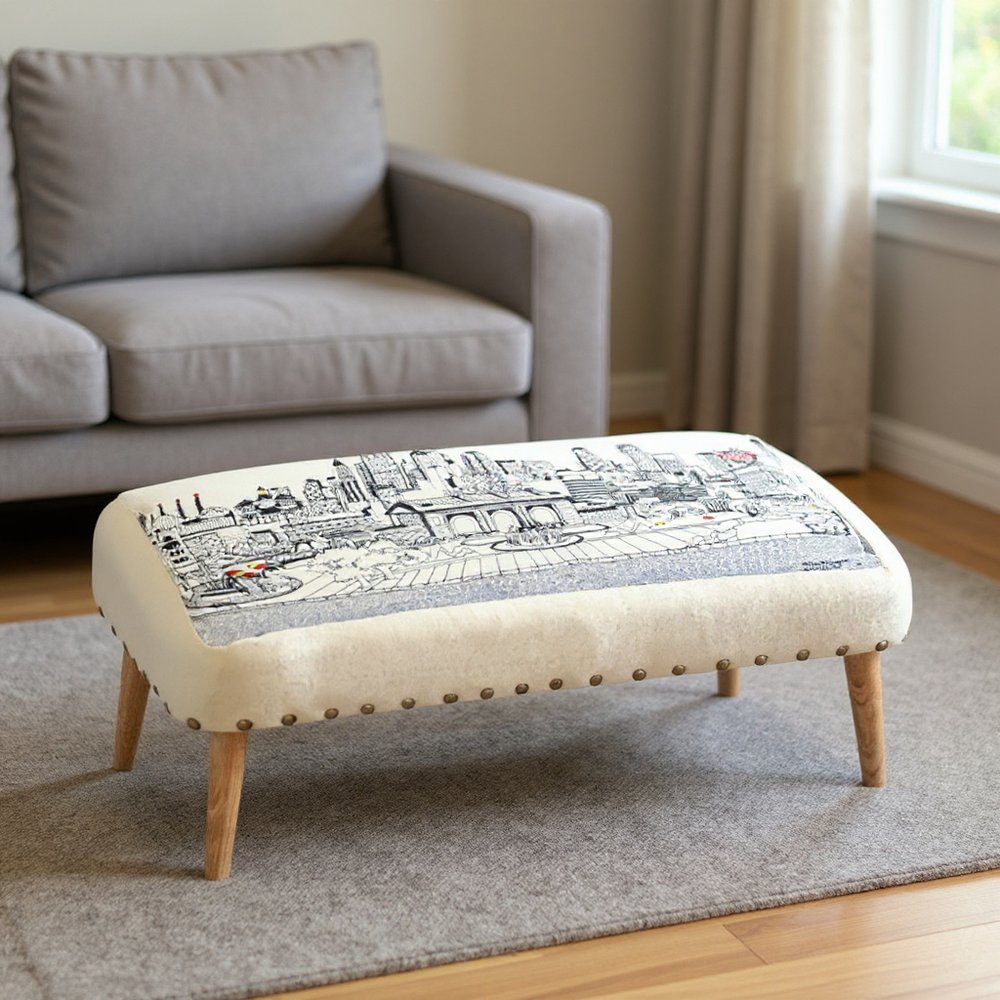 38" Cream Wool And Brown Ottoman