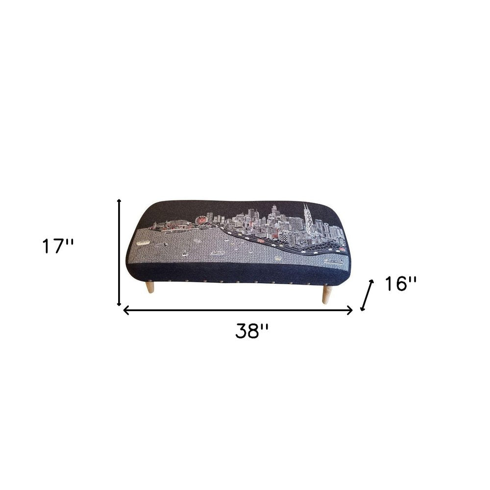 38" Gray Wool and Brown Ottoman