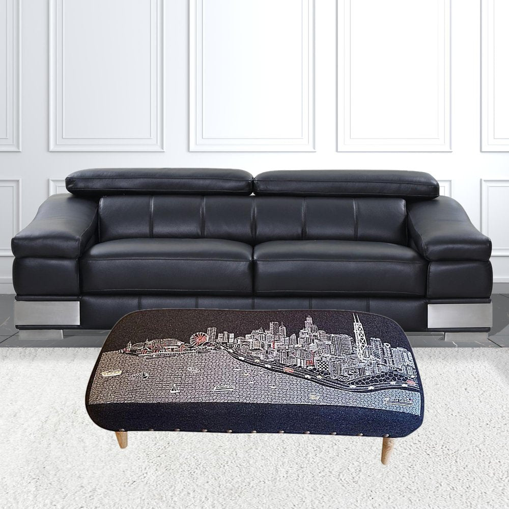 38" Gray Wool and Brown Ottoman