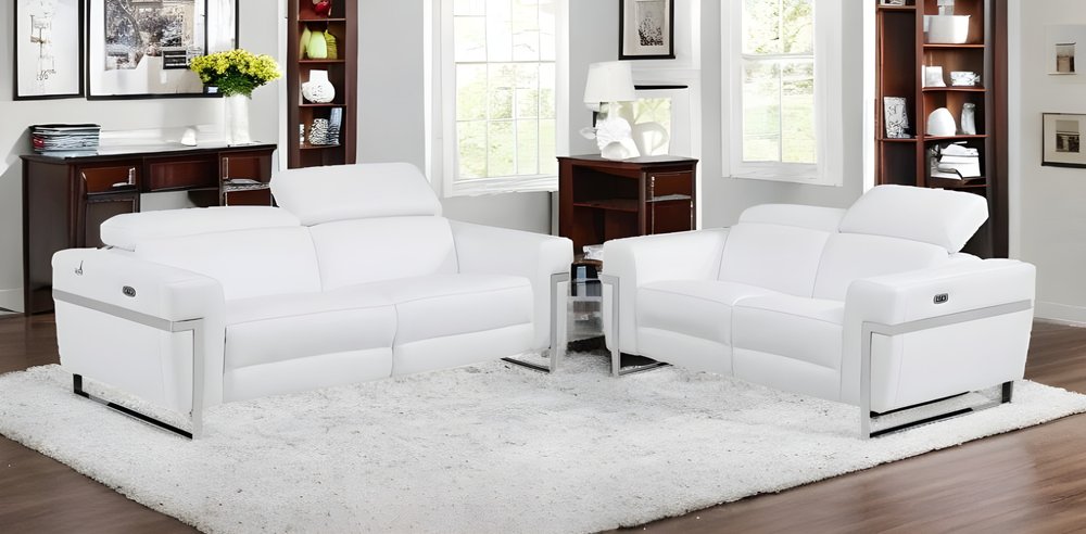 Two Piece White Italian Leather Five Person Seating Set