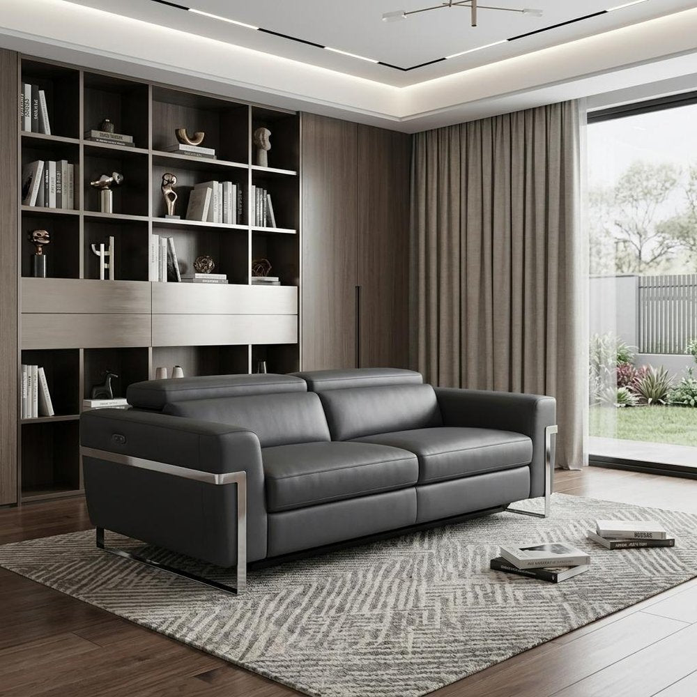 83" Dark Gray Italian Leather USB Reclining Sofa With Silver Legs