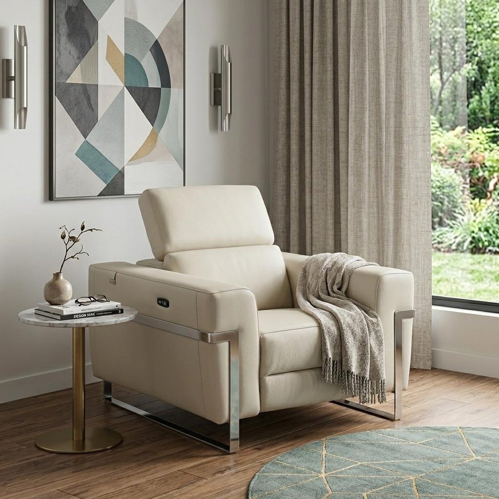 41" Beige Italian Leather Power Recliner Chair