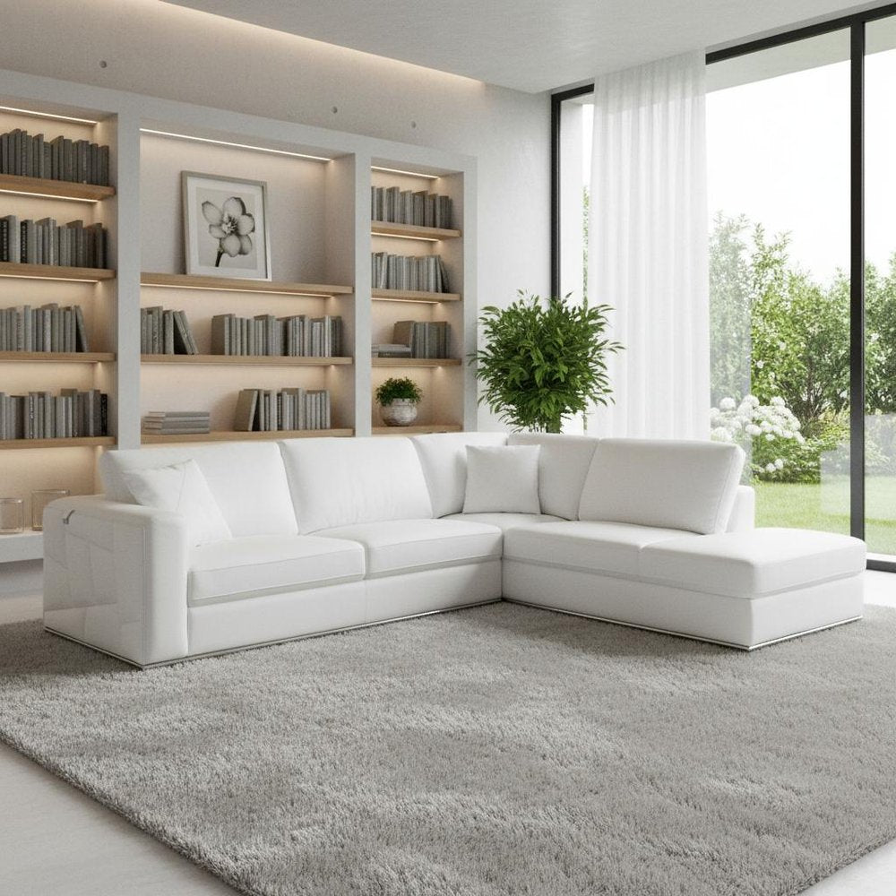 White Italian Leather Reclining L Shaped Two Piece Corner Sectional