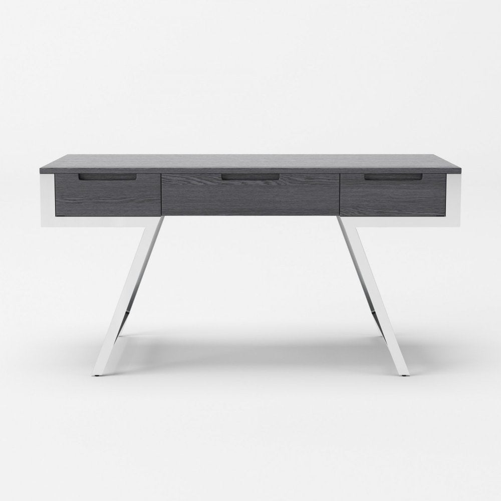 63" Gray and Silver Writing Desk With Three Drawers