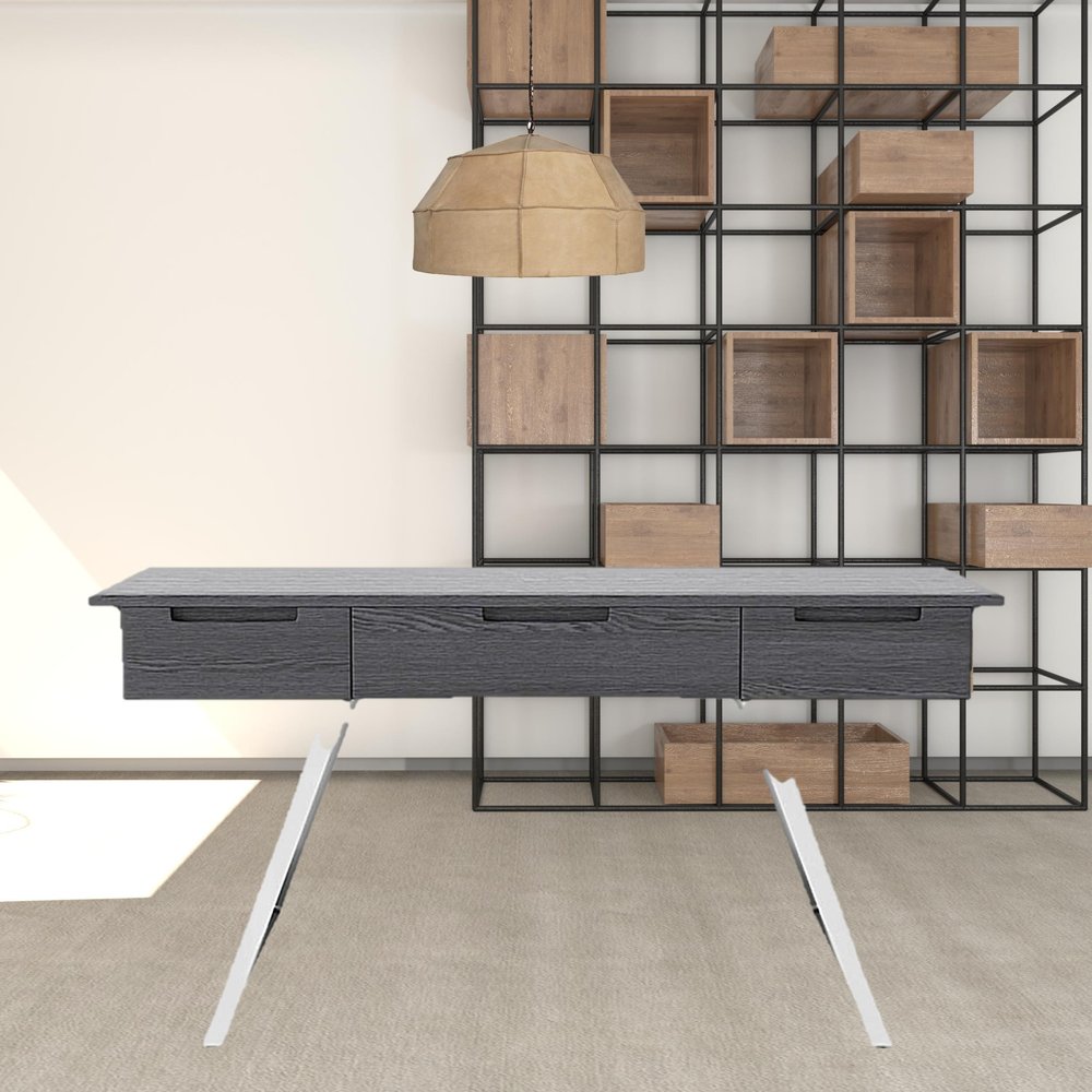 63" Gray and Silver Writing Desk With Three Drawers
