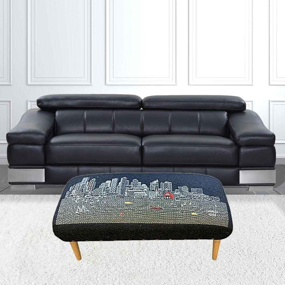 38" Gray Wool and Brown Ottoman