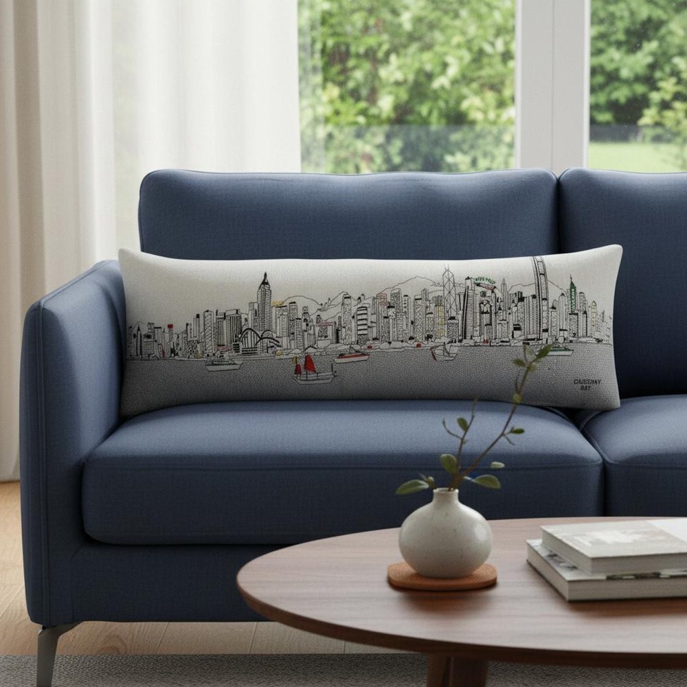 14" X 45" Cream Lumbar Hong Kong Hometown Pride Wool Throw Pillow with Embroidery