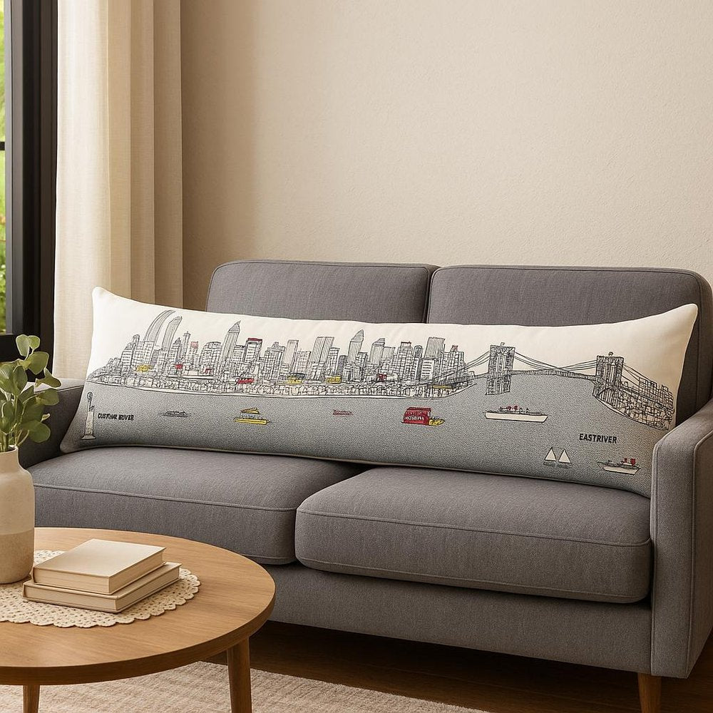 14" X 46" Cream NYC Daylight Skyline Lumbar Decorative Pillow