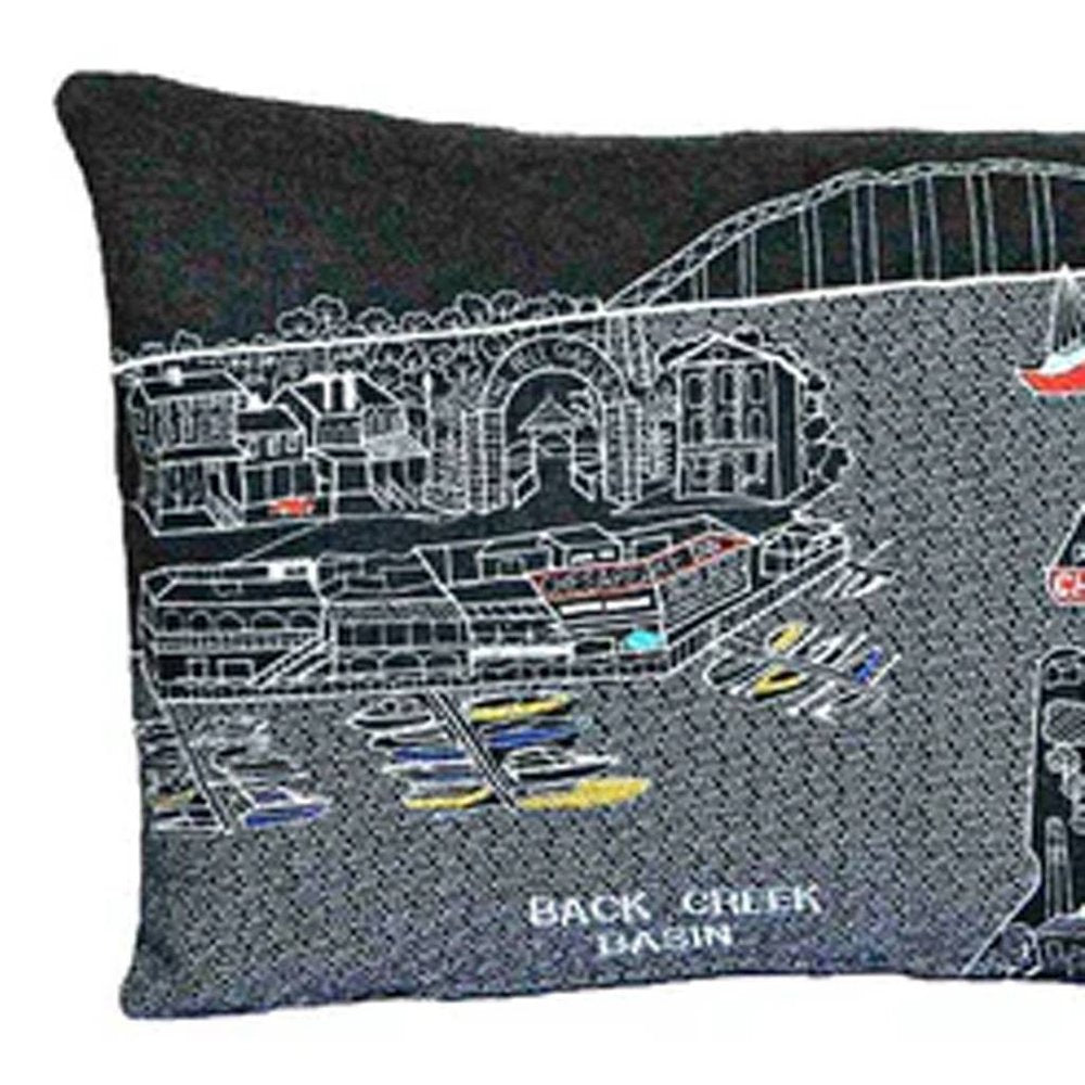 14" X 24" Dark Gray And White Chesapeake Nighttime Skyline Lumbar Decorative Pillow