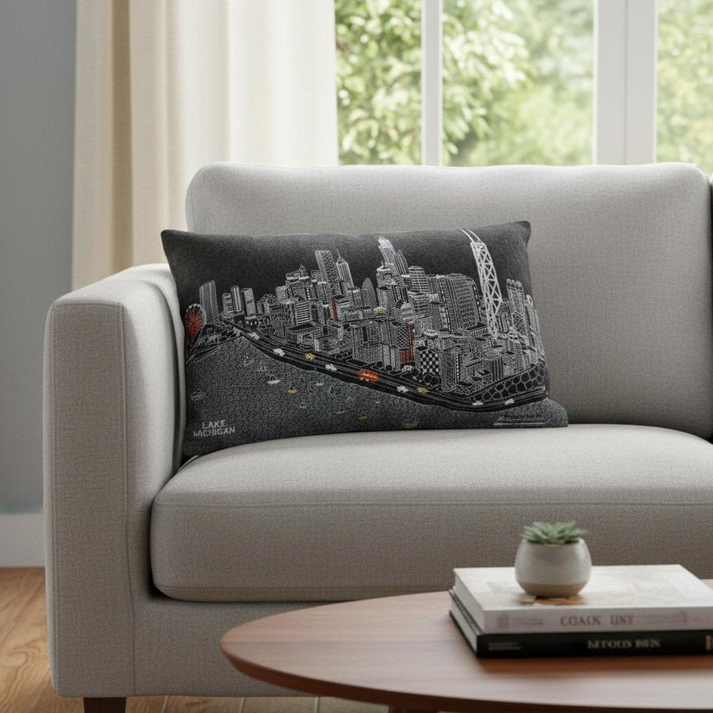14" X 24" Dark Gray And White Chicago Nighttime Skyline Lumbar Decorative Pillow