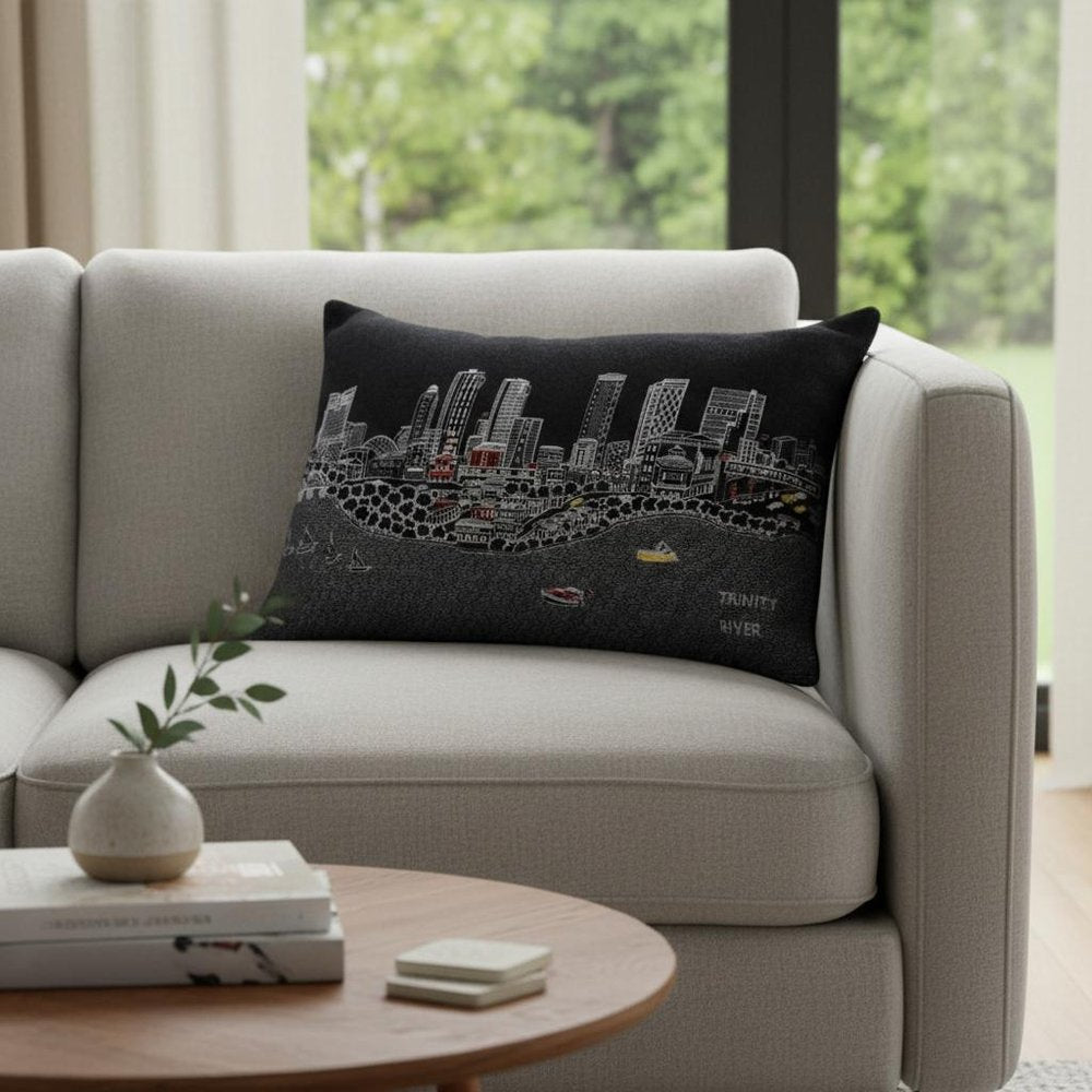 14" X 24" Black And White Lumbar Fort Worth Hometown Pride Wool Throw Pillow with Embroidery