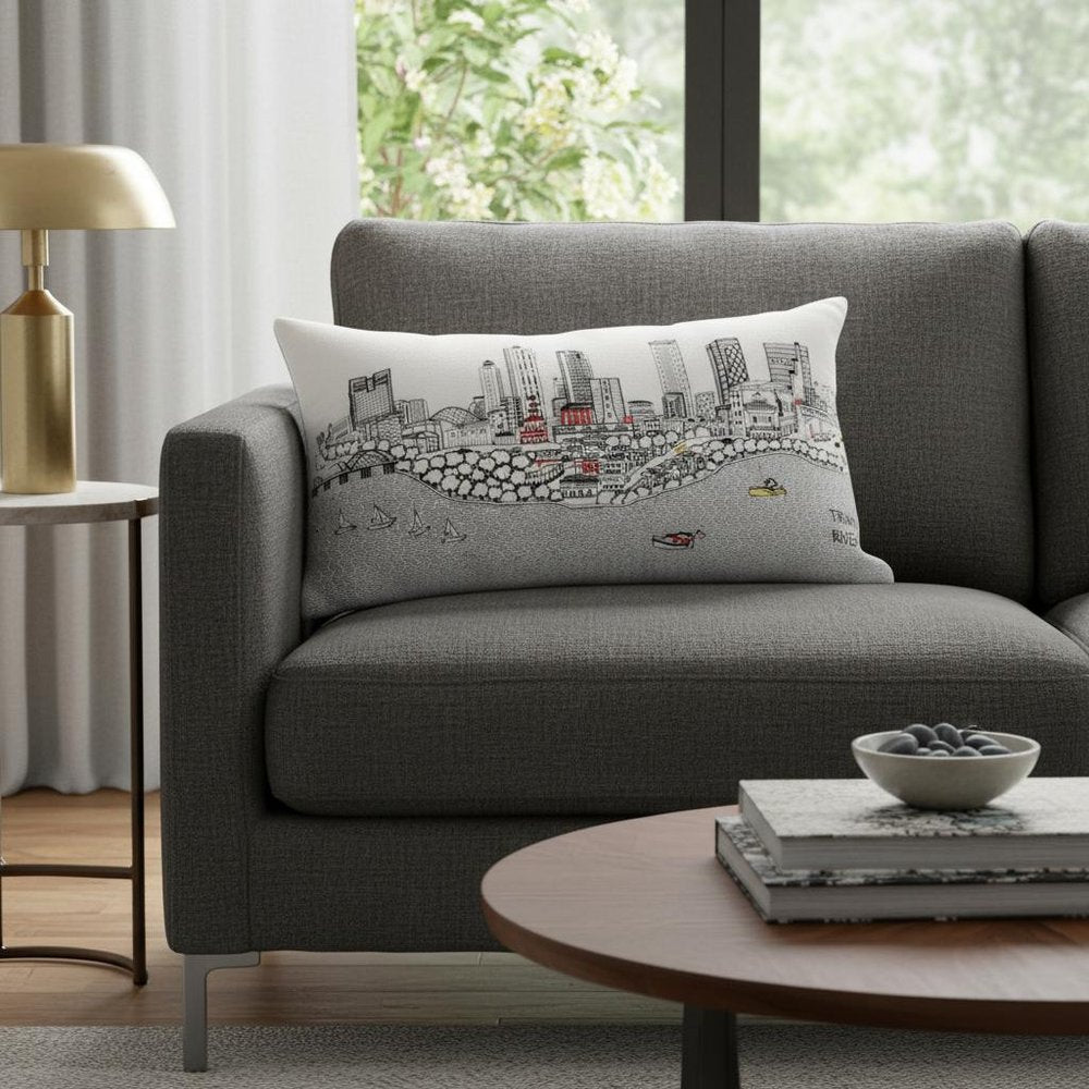 14" X 24" Cream Lumbar Fort Worth Hometown Pride Wool Throw Pillow with Embroidery