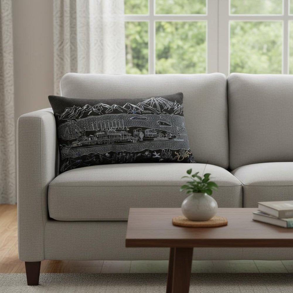 14" X 24" Dark Gray And White Lumbar Homer Spit Hometown Pride Wool Throw Pillow with Embroidery