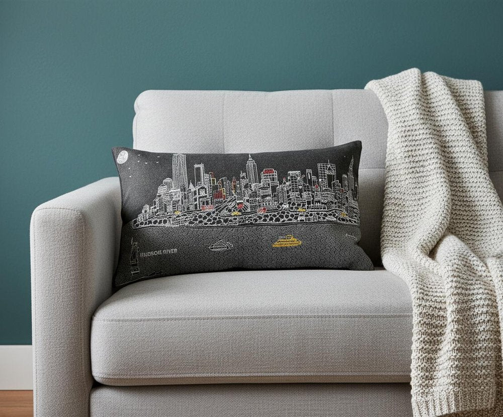 14" X 24" Dark Gray And White NYC Nighttime Skyline Lumbar Decorative Pillow