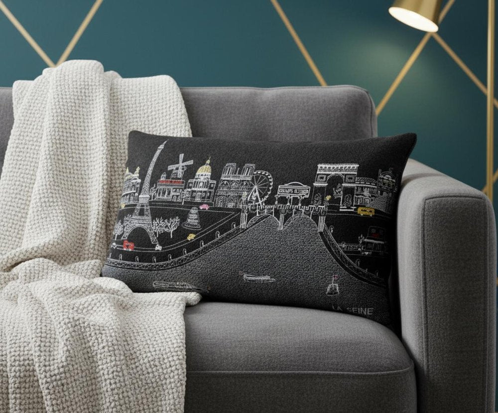 14" X 24" Dark Gray And White Paris Nighttime Skyline Lumbar Decorative Pillow