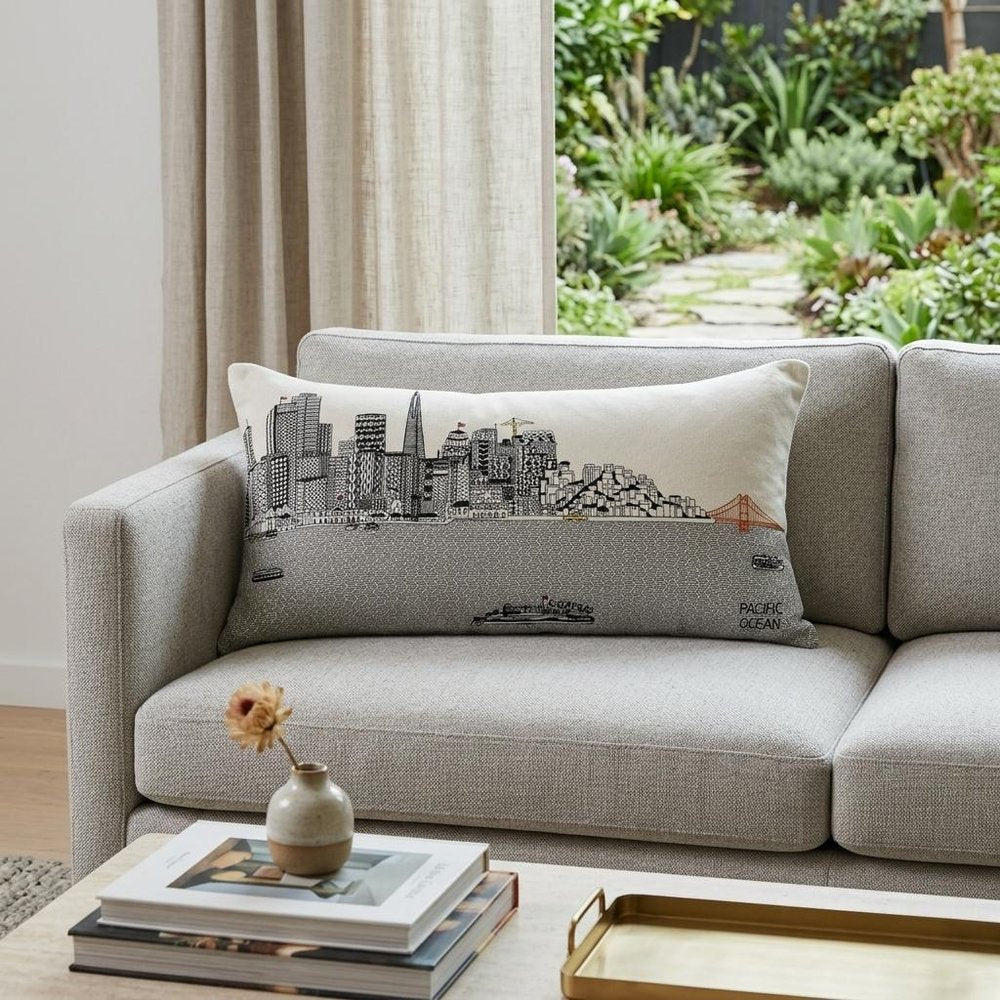14" X 24" Cream San Francisco Daylight Skyline Lumbar Decorative Pillow