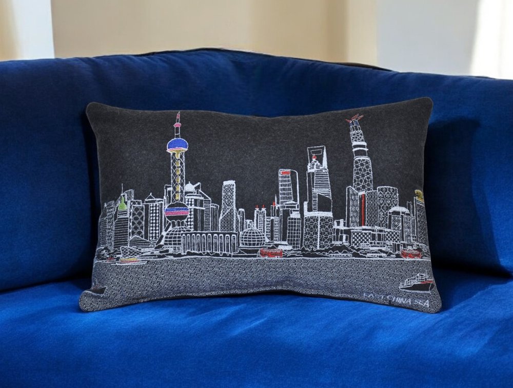 14" X 24" Dark Gray And White Lumbar Shanghai Hometown Pride Wool Throw Pillow with Embroidery