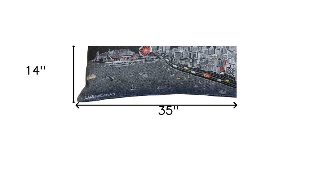 14" X 35" Black Gray and White Hometown Pride Wool Lumbar Throw Pillow