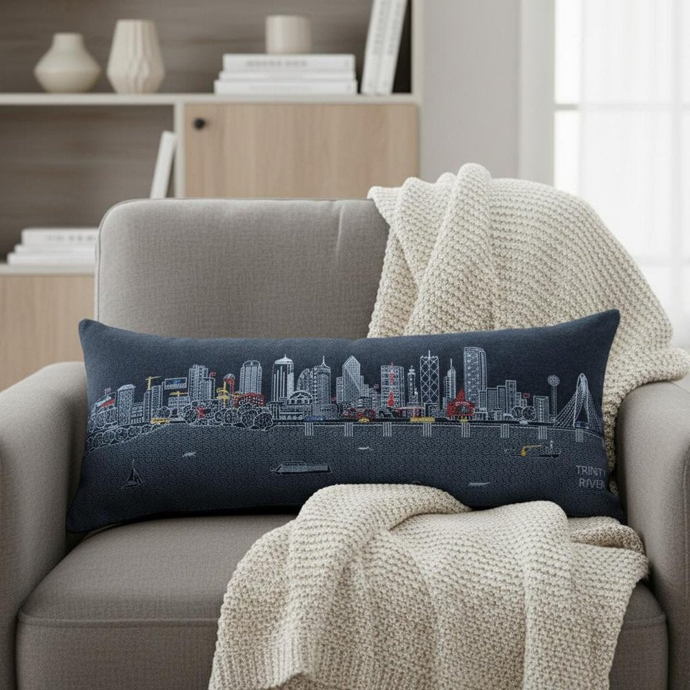 14" X 35" Dark Gray And White Dallas Nighttime Skyline Lumbar Decorative Pillow