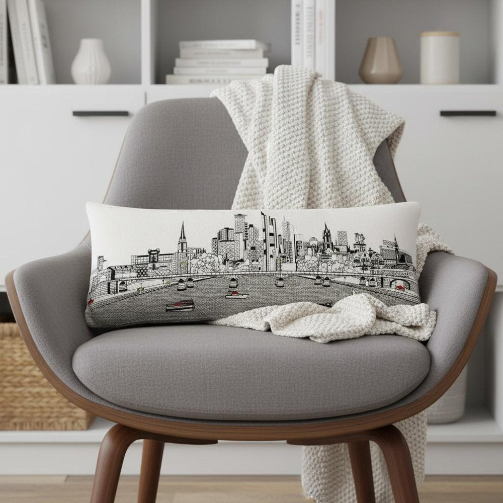 14" X 35" Cream Lumbar Frankfurt Hometown Pride Wool Throw Pillow with Embroidery